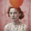 Placeholder: A woman , freckles, with a balloon at the circus, 1960s, red, orange, pink, golden