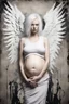 Placeholder: Pregnant Punk, Angel, portrait, white hair, background old canvas torn cracks, mystical