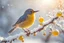 Placeholder: A beautiful colourful little bird catches a yellow berry with its beak while standing on a snowy branch in sunshine, ethereal, cinematic postprocessing, bokeh, dof