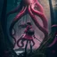 Placeholder: giant octopus, girl with katana, in the forest, cliff enchanted, magic meteor falling behind, darkred tones, 8k, macro photography,