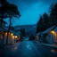 Placeholder: A night photography depicting a street going up to a moutain, with odd houses, horror movie shot, terrifying trees