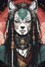 Placeholder: front facing portrait illustration of a gothpunk armored kitsune vampire mercenary , beaded dreadlock hair, wearing an ancient ornate japanese kitsune mask , and shemagh, highly detailed with gritty post apocalyptic textures, caught in a cosmic maelstrom of swirling gases , finely detailed facial features and hair, in the graphic novel style of Bill Sienkiewicz, and Jean Giraud Moebius, ink wash and watercolor with realistic light and shadow