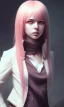 Placeholder: girl, cute, beautiful, pink hair, brown eyes, long hair, bangs, knife in hand, blood on face, by Greg Rutkowski, big boobs, blazer, skirt, yandere