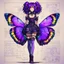 Placeholder: Hand drawn technical,full body portrait illustration , with detailed blueprints and engineering schematics of a walking hybrid Madagascan sunset moth insect girl, purple hair in anime style, with highly detailed facial features, drawings, and technical notation, 8k, vibrant natural colors