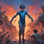 Placeholder: close up view, A courageous boy, clad in a blue leotard, takes center stage. he fearlessly confronts a horde of grotesque slimy abominations in a vibrant post-apocalyptic setting. A fiery sunset paints the sky, casting an otherworldly glow upon the scene.