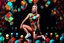 Placeholder: beautiful lady with todays modern clothing and sport shoes, in surreal stage made of fractal random size spheres with helical strip colors in clothing similar to environment full body posing to camera,animating background metallic random color cubes