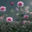 Placeholder: transparent multicolor crystal rose, rose garden, bioluminescent clouds, landscape, mist, detail