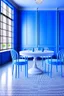 Placeholder: 3D-shot A large, oval-shaped table in a restaurant, the color of the table is blue and white, the color of the walls is blue, and the floor color is white