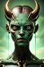 Placeholder: Alien Satan, delicate, large green square eyes, intricate gold markings on face, cyberpunk, powerful, horror, sharp focus, octane render, post-processing, epic composition, elegant, studio lighting, fiona staples, mandy jurgens, david finch, guillermo del toro