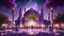 Placeholder: Hyper Realistic men praying outside Beautiful-Decorated-Huge-Purple-Mosque with small-water-fountains & Beautiful-Lightings-Decorations at night with stars on sky & beautiful trees