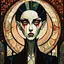 Placeholder: create an abstract, cubist, highly ethereal, darkly magical full body illustration of a deeply sorrowful, savage Nosferatu vampire girl with highly detailed and deeply cut facial features, in the style of GUSTAV KLIMT, EDWARD BURNE-JONES, WILLIAM MORRIS, and KATHE KOLLWITZ combined with the comic art style of BILL SIENKIEWICZ and JEAN GIRAUD MOEBIUS, searing lines and forceful strokes, precisely drawn, inked, and darkly colored