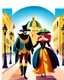 Placeholder: Pareja hombre y mujer con disfraz en el carnaval de Venezia caminando por Venezia mascara vestido hasta el suelo pantalones gráfica vectorial 2d detallada cielo claro soleado