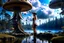 Placeholder: A skinny woman with a Cleopatra hairstyle, short skirt, and knee-high boots, looking out over a lake, in an alien forest, with tall cloud trees, flying mushrooms with octopus tentacles