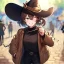 Placeholder: Clear focus, High resolution, short brown spiky hair, hair between eyes, eyes closed, wearing a brown detective hat, wearing a brown jacket and a black shirt, wearing black shorts, 1girl, pulling hat down, smiling