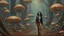 Placeholder: woman with black hair, in light brown leather trousers and jacket, walking through a forest of Alien mushrooms with jellyfish tentacles, photorealistic, Deep Colour, Intricate Detail, Dune