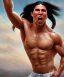 Placeholder: native american warrior, long black hair, big muscles, face up, mouth wide open, scream face, shirtless, looking to the sky