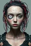 Placeholder: Face Shape: Glitched and polygonal—flickers between perfect symmetry and broken geometry. • Skin: Covered in pixel-like holes and corrupted data patches that flash white noise. • Eyes: One large eye that flickers like a corrupted camera lens. Bleeds binary code. • Hair: Flickering cables that spark when touched, or dissolve into numbers. • Outfit: Broken digital armor, like an unfinished VR avatar—parts are missing or out of sync.