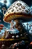 Placeholder: Alice in Wonderland, in a space suit, sitting on a huge mushroom, with tentacles hanging down, in an alien landscape