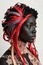 Placeholder: a black woman created from a very detailed light peach colored lace, her hair created from layers of thin strips of red , dark pink, dusty blue and lavender leather , light tan silk ribbons, extremely detailed and highly textured, black background,