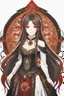 Placeholder: A confident looking young woman with pale skin and long brown hair in a fantasy setting with intricate details. She is wearing black and red, has red eyes, She is a fire mage. Anime style. High definition