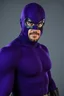 Placeholder: full-length, A portrait of a the Phantom, a man with piercing blue eyes, a chiseled jaw, goatee, timeless face, stern expression, Wearing a skintight formfitting purple cotton hero suit with a skintight cowl with a widows peak that fits tight to his head, but does not cover his face or his forehead , he wears a thin, black leather, bandit eye disguise over his eyes, black and blue diagonally striped trunks, dual-holstered pistol belt adorned with a triangle skull-shaped buckle, leg straps, boot