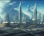 Placeholder: Spaceport on a heavy industrialized planet with a futuristic city in the background and a docked spaceship in the foreground, art by John Berkey, buildings with glass facades, Brutalität architecture, insanely detailed, vibrant, 8k uhd, cinematic atmosphere, ultra-wide angle, street level view, brush strokes, blue sky with clouds, sharp focus