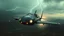 Placeholder: a high definition screen shot of a jet-fighter vw-beetle, retrofuturistic, phototrealism, in flight, one subject, thunderstormncc 1701 enterprise Macabre Rapture End of days Revelation scene,