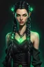 Placeholder: Young beautiful female Hexblood warlock character. Lightly tanned skin. Long straight jet-black hair to the waist. Half-up hairstyle with two loose Dutch braids on each side. Bright glowing pale emerald-green eyes. Delicate face. High cheekbones. Full lips. Soft smile. Slightly pointed ears. Faint dark vine-like markings on neck and collarbone. Realistic dark fantasy. Highly detailed. Cinematic lighting.