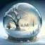 Placeholder: beautiful winter splendor, intricately decorated, in the middle there is a large transparent ice ball and inside the ball there is a beautiful, majestic spring panorama