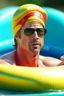 Placeholder: brad pitt sitting in donut swim ring with goggles and a bathing cap on