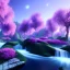 Placeholder: very beautiful crystal building , elegant, cascades, trees, atmospheric, realistic, cinematic lighting, pink blue light, 8k, galactic atmosphere, flowers