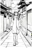 Placeholder: young girl walk trought Japanese alleys, line arts