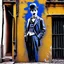 Placeholder: Candid photographs of the acter Charlie Chaplin on a wall in an alley of an ancient town, in a combined art style of generative art, calligraphic lines, rust debris, peeling yellow and blue paint, black and white portraits, distorted figures.