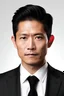 Placeholder: half portrait handsome 37 year old chinese light white skin man in black formal suit with a dark tie and white shirt with white background