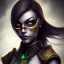 Placeholder: jade, mortal kombat, face, mouth open, dark clothes, dark ninja mask, black hair, brown eyes, woman, dark skin