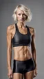 Placeholder: photography of a beautiful anorexic woman, anthracite satin triathlon top, sports illustrated, platinum blond short wavy bob haircut, pronounced sternum, flat chest, anthracite short leggins