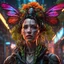 Placeholder: Expressively detailed and intricate 3d rendering of a hyperrealistic: woman, cyberpunk plants and flowers, neon, vines, flying insect, front view, dripping colorful paint, tribalism, gothic, shamanism, cosmic fractals, dystopian, dendritic, artstation: award-winning: professional portrait: atmospheric: commanding: fantastical: clarity: 16k: ultra quality: striking: brilliance: stunning colors: amazing depth