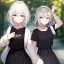 Placeholder: Clear focus, High resolution, light grey short hair, dark green eyes, wearing a black t-shirt and black skirt, fluffy hair, detailed outfit, really fluffy hair