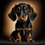 Placeholder: Disney style picture of a black and tan short hair dachshund puppy of 7 months. more black than tan, symmetric