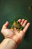 Placeholder: Bosch painting style nightmare a hand of baby in water trying to hold a frog inside the water in the background