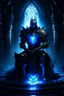 Placeholder: Inside a very dark castle, throne behind him, a towering figure stands with a body that seems noble but deeply corrupted, its armor cracked and pulsing with two distinct energies. A glowing blue heart sits exposed in the center of his chest, pulsating with a rhythmic, eerie light, as if keeping the battle between light and darkness alive. One side of his body glows with a cold, flickering blue light, while the other burns with fiery orange corruption. With both hands, he holds a giant blue sword