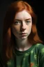 Placeholder: An 18-year-old girl with red hair and black eyes wearing a patterned green t-shirt