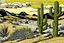 Placeholder: A tan sandy desert with cactuses painted by Roy Lichtenstein