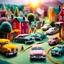 Placeholder: Close-up photograph of a diorama town made of felt, everything is fake, fake cars, fake people, sun, extreme detailed, volumetric light, movie shot, movie shot, noon-light, artistic photography, shot on Hasselblad, pastel colors