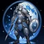 Placeholder: Please create an image for a 30-year old aasimar male with silver hair and a short, square beard and blue eyes. He is standing outside in the moonlight wearing plate armor and wielding a shield and a Thor-style hammer. His equipment is adorned in multiple places with crescent moons