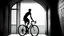 Placeholder: in a black-and-white photograph, a cyclist is silhouetted against the backdrop of a stark white building. the cyclist, positioned on the left side of the frame, is riding a bicycle towards the viewer. the bicycle is a stark black, with a white seat and handlebars. the cyclist is wearing a helmet, and their hands are casually placed on the handlebars. the building behind the cyclist is a stark white, with a large set of doors on the left side of the frame. the doors are a stark white, with a blac