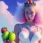 Placeholder: tropic landscape, white background, aerographic style,realistic painting of a beautiful girl and a big jar of marmelade,volumetric blue clouds,pink sky environment and flying strawberries in background, volumetric lighting,dramatic lighting, detailed digital painting, extreme dense and fine fur, anime, ornate, colour-washed colors, elegant, small minutiae, tiny features, particulars, centered, smooth, sharp focus, renderman gofur render, 8k, uhd, detailed eyes, real