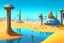 Placeholder: alien buildings, in the desert, surrounded by acacia trees, dunes, pathways, lake, roads, mountains, blue sky