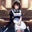 Placeholder: Clear focus, High resolution, girl wearing a maid outfit, medium length dark brown hair, sitting down, angry