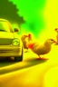 Placeholder: yellow young chickens in a car race, high speed, motion blur, smoke, 4k, downlight, soft light, depth of field, photorealism, trending on art station